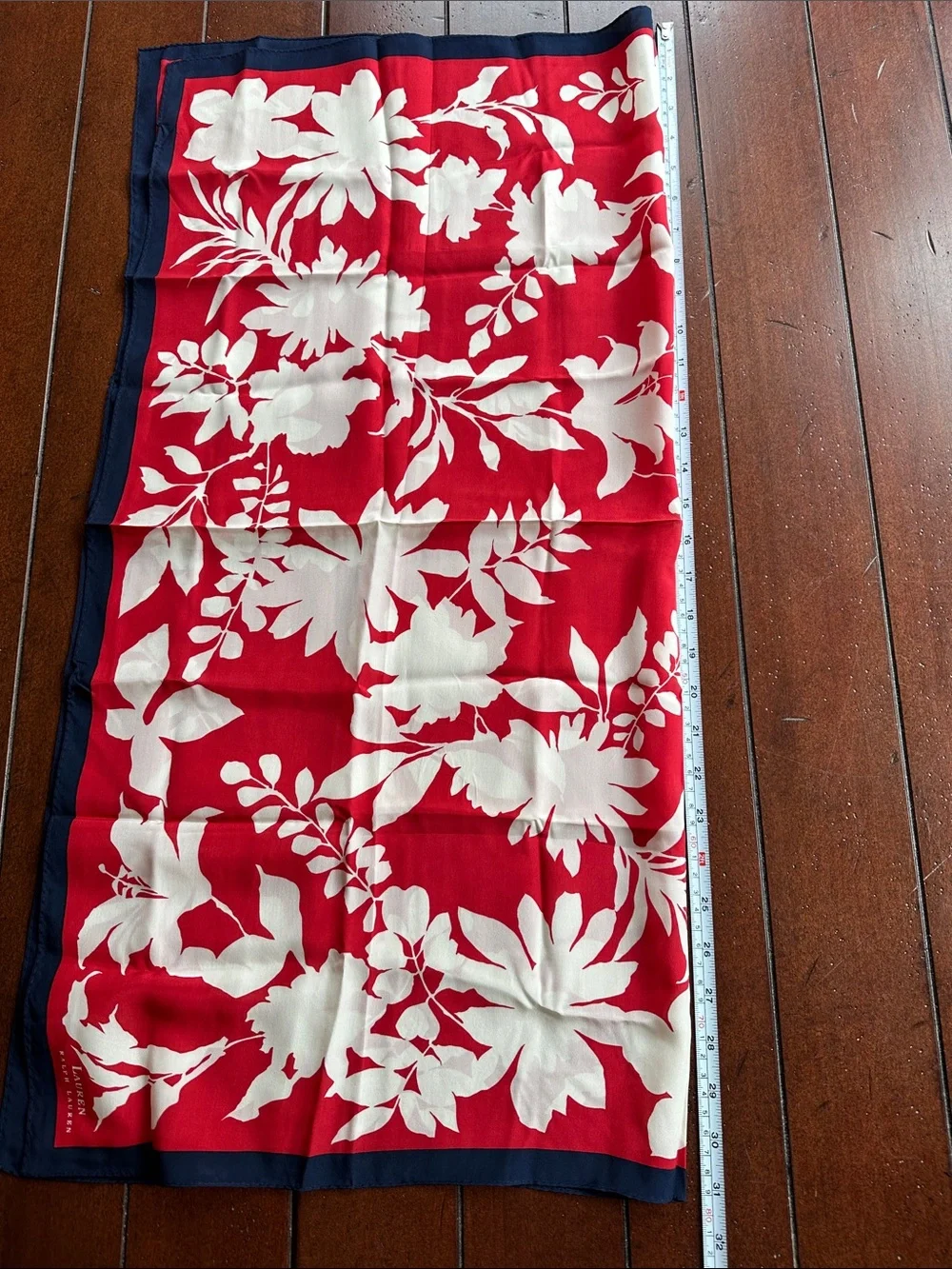 Lauren Ralph Lauren Red and White Floral Scarf with Navy Border